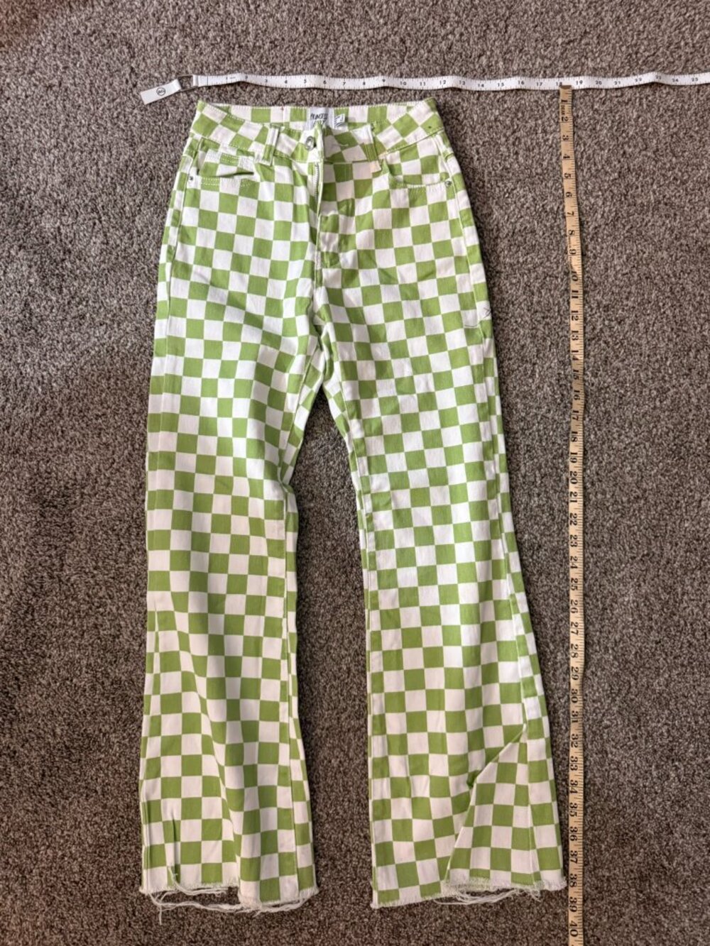 Princess Polly BPM Green White Checkered High Rise Pants Raw Hem Womens Size 0